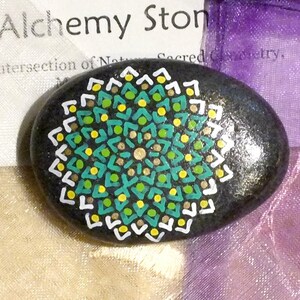 Hand Painted Alchemy Stone with Green, Yellow, Gold & White Complex Mandala Design