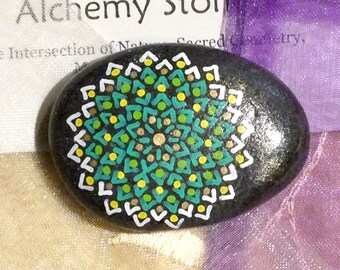 Hand Painted Alchemy Stone with Green, Yellow, Gold & White Complex Mandala Design
