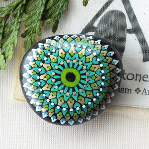 Hand Painted Zero Point Alchemy Stone with Green, Gold and White Mandala Design