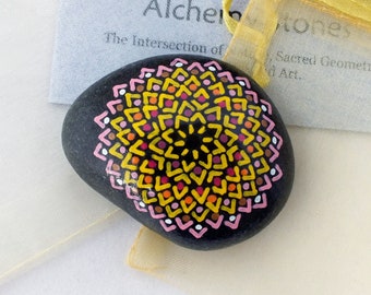 Medium Hand Painted Alchemy Stone with Yellow, Pink and Multicolored Star Mandala Design