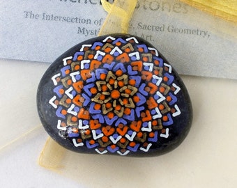 Medium Hand Painted Mandala Stone with Orange, White, Violet and Gold Star Design by Alchemy Stones
