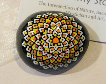 Hand Painted Alchemy Stone with White, Gold, Orange & Red Complex Mandala Design