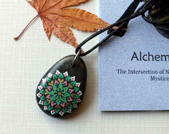 Smaller Hand Painted Alchemy Stone Jewelry Pendant with Green, Pink, Gold and White Mandala Design