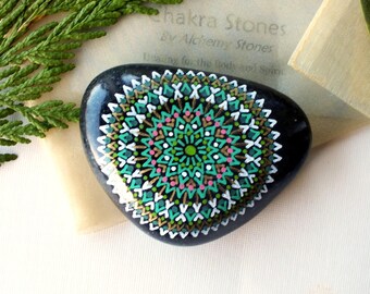 Medium Hand Painted Alchemy Heart Chakra Stone with Green, White and Gold Complex Mandala Design