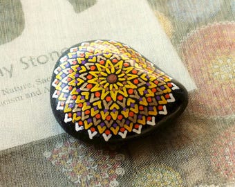 Smaller Hand Painted Mandala Sun Stone with Yellow, Orange, Gold and White Design by Alchemy Stones