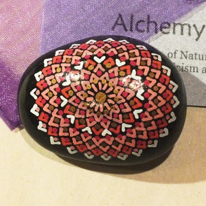 Hand Painted Alchemy Stone with White, Pink, Red & Copper Complex Mandala Design