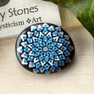 Petite Hand Painted Alchemy Stone with Turquoise, Blue, White & Silver Complex Mandala Design