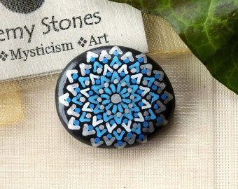 Petite Hand Painted Alchemy Stone with Turquoise, Blue, White & Silver Complex Mandala Design