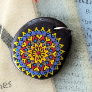 Medium Hand Painted Alchemy Stone Jewelry Pendant with Yellow, Purple, Red and Gold Mandala Design