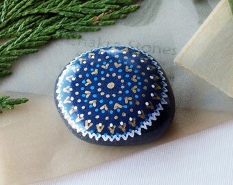 Medium Hand Painted Alchemy 3rd Eye Chakra Stone with Indigo & Gold Star Mandala Design