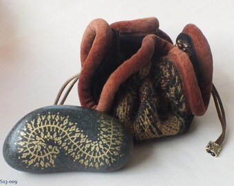 Hand Painted Alchemy Stone with Gold Sacred Geometry Garland Design, in Hand Made Treasure Bag