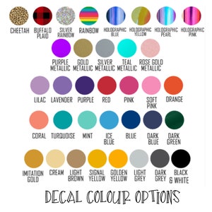 May include: A chart of decal color options for a product. The chart includes a variety of colors, including cheetah, buffalo plaid, silver rainbow, rainbow, holographic blue, holographic yellow, holographic pearl, holographic pink, purple metallic, gold metallic, silver metallic, teal metallic, rose gold metallic, lilac, lavender, purple, red, pink, soft pink, orange, coral, turquoise, mint, ice blue, blue, dark blue, dark green, imitation gold, cream, light brown, signal yellow, golden yellow, light grey, dark grey, and black and white.
