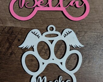 Custom Laser Cut Wood Pet Ornament - bone, paw or paw with wings