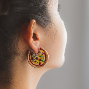 Large Delux Pizza Earrings with Blue, Green, Pink or Purple Back | Handmade Polymer Clay Jewelry | Junk Food Statement Piece