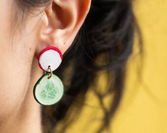 Boucles d'oreilles pendantes tranche de radis + concombre | Bijoux en argile polymère faits à la main | Bijoux alimentaires mignons