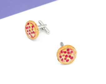 Boutons de Manchette Pizza Pepperoni (Plaqué Or ou Argent) | Accessoires en argile polymère faits à la main | Miniature de malbouffe