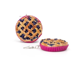 Large Blueberry Pie Dangle Earrings with Magenta Pie Dish | Handmade Polymer Clay Jewelry | Statement Piece