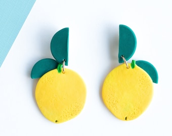 Grandes boucles d’oreilles pendantes au citron | Bijoux en argile polymère faits à la main | Bijoux alimentaires mignons