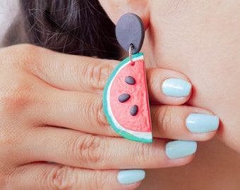 Grandes boucles d’oreilles pendantes à la pastèque avec | de graines Bijoux en argile polymère faits à la main | Bijoux alimentaires mignons