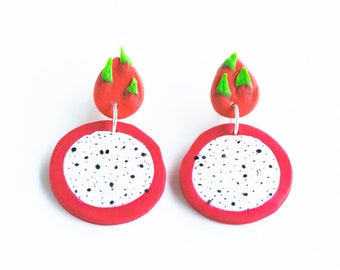 Grandes boucles d’oreilles de fruits de dragon | Bijoux en argile polymère faits à la main | Bijoux alimentaires mignons