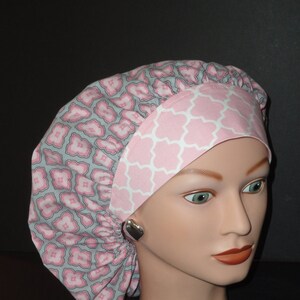The Perfect Sized Bouffant Scrub Hat...Grey/Pink/White Print w/Pink and White Band...Surgical Hats/Caps...OR Scrub Hats/Caps