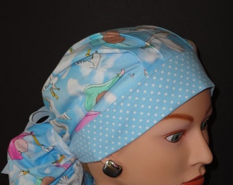 Ponytail Scrub Hat...Baby/Stork Print w/Blue Dotted Band....Surgical Scrub Hat/OR Scrub Hat