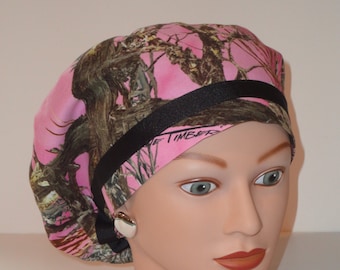 Pink Camo Scrub Cap with Black Ribbon - Women's Surgical Hat