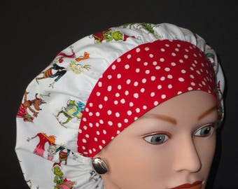 Perfect Sized Bouffant Cap...How the Grinch Stole Christmas w/Dotted Band...Surgical Cap/OR Scrub Cap/Food Service/Veterinarian's Cap