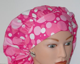 Perfect Sized Bouffant Scrub Cap...Pretty Pink Polka Dots w/Matching Band...Surgical Cap/OR Scrub Cap/Scrub Hat/Polka Dots