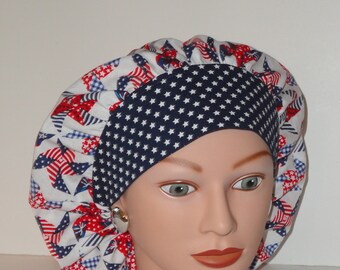 Bouffant Scrub Cap...4th of July Pinwheels with Blue Star Band