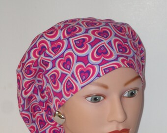 European Scrub Cap...Valentine's Day with Purple * Pink Hearts