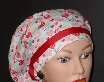 Ribbon Trimmed European Cap...Multi-Colored Hearts with Red Ribbon