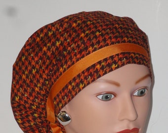 Ribbon Trimmed European Scrub Cap...Fall Colors/Houndstooth Print w/Contrasting Ribbon