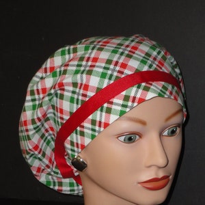 Ribbon Trimmed European Scrub Cap...Christmas Green/Red w/Red Ribbon...Surgical Cap/OR Scrub Cap/Scrub Hat/Christmas Plaid/Food Service