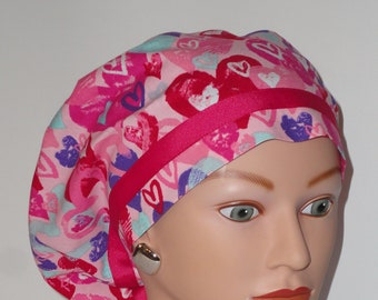 Ribbon Trimmed European Cap...Watercolor Hearts with Pink Ribbon