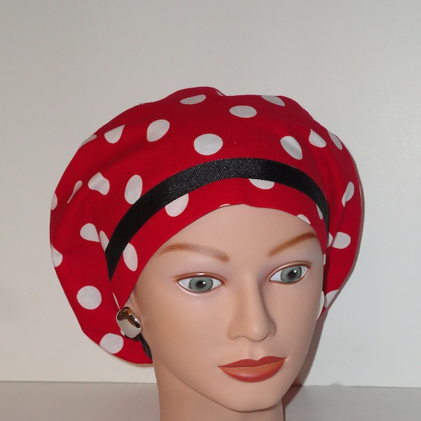 Ribbon Trimmed European Scrub Cap...Mickey/Minnie Mouse...Red/White Polka Dot w/Black Ribbon...OR Scrub Cap/Surgical Scrub Cap