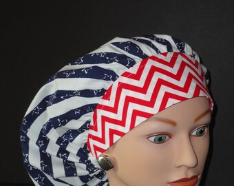 Bouffant Scrub Cap...Stars & Stripes with Red Chevron Band