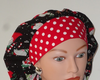 Perfect Sized Bouffant Cap...Christmas Gnomes w/Dotted Band...Surgical Cap/OR Scrub Cap/Scrub Hat/Christmas/Food Service/Dental