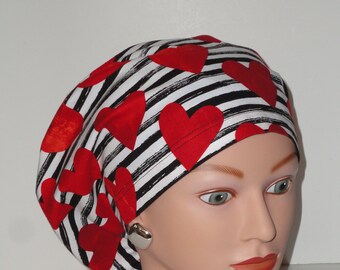 European Scrub Cap...Black * White Stripes with Red Hearts
