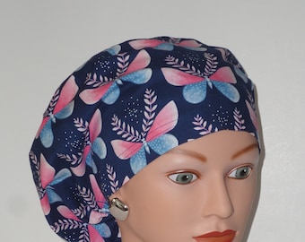 European Scrub Cap...Pink/Blue Butterflies...Surgical Scrub Cap/OR Scrub Cap/Veterinarian's Cap/Scrub Hat/Food Service/Dental