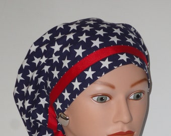 Ribbon Trimmed European Scrub Cap...Blue *White Stars * with Red Ribbon