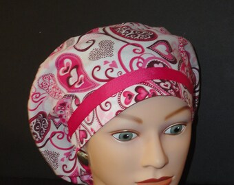 Pink Paisley Heart Scrub Cap | Ribbon Trimmed European Hat