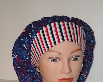 Perfect Size Bouffant Cap...4th of July... Navy Fireworks w/Striped Band...Surgical Cap/OR Scrub Cap/Veterinarian's Cap/Food Service