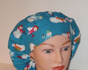 Perfect Sized Bouffant Cap... Christmas Snowmen w/Matching Band...Surgical Cap/OR Scrub Cap/Food Service/Scrub Hats