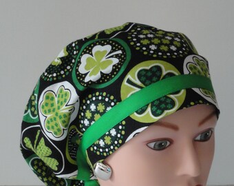 Ribbon Trimmed European Scrub Cap...Clover All Over w/Green Ribbon...Surgical Scrub Cap/OR Scrub Cap