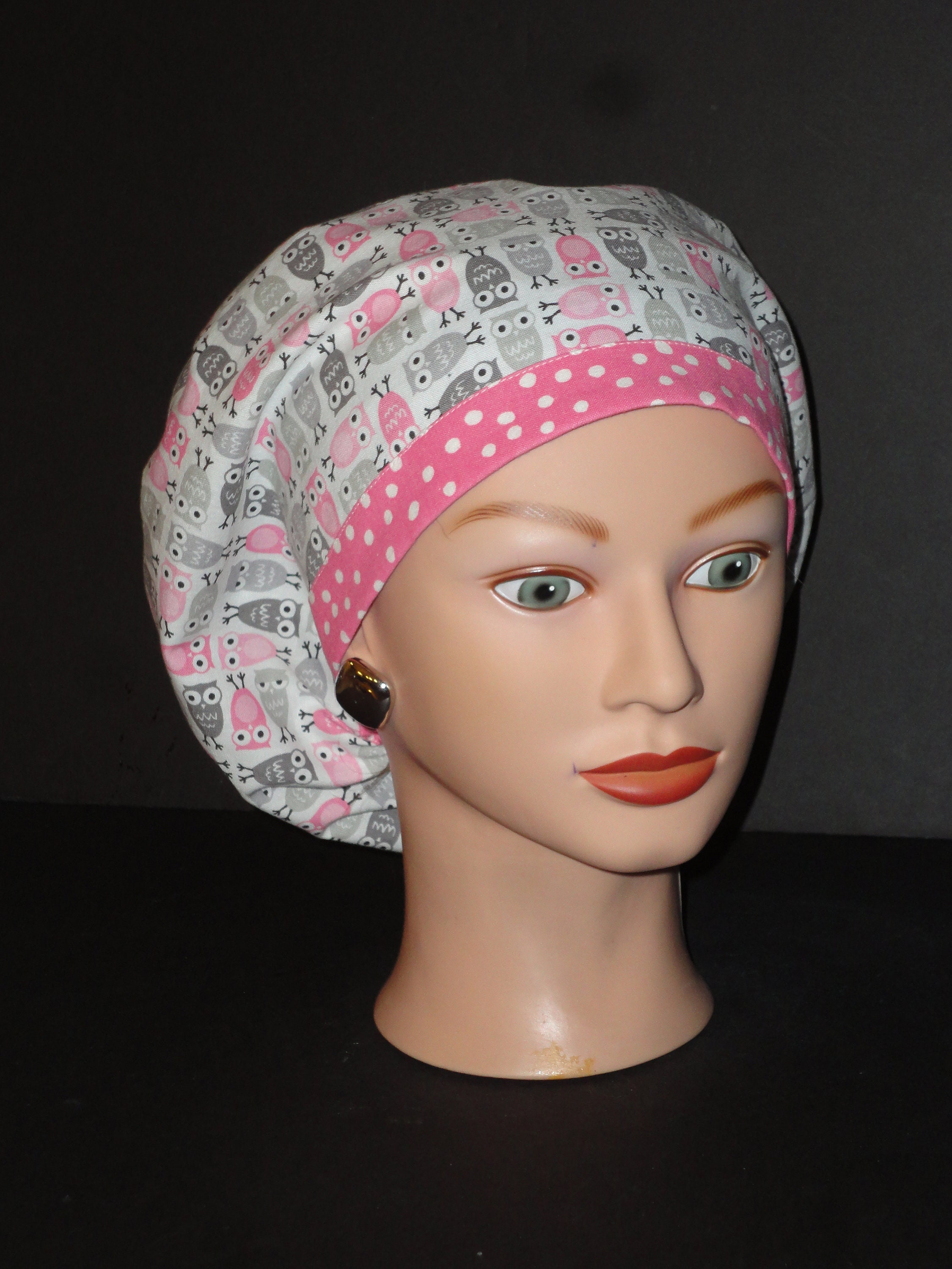 European Scrub Cap...Pink/Gray Owls w/Pink Dotted Band...Surgical Cap/OR Scrub Cap/Scrub Hat/Veterin