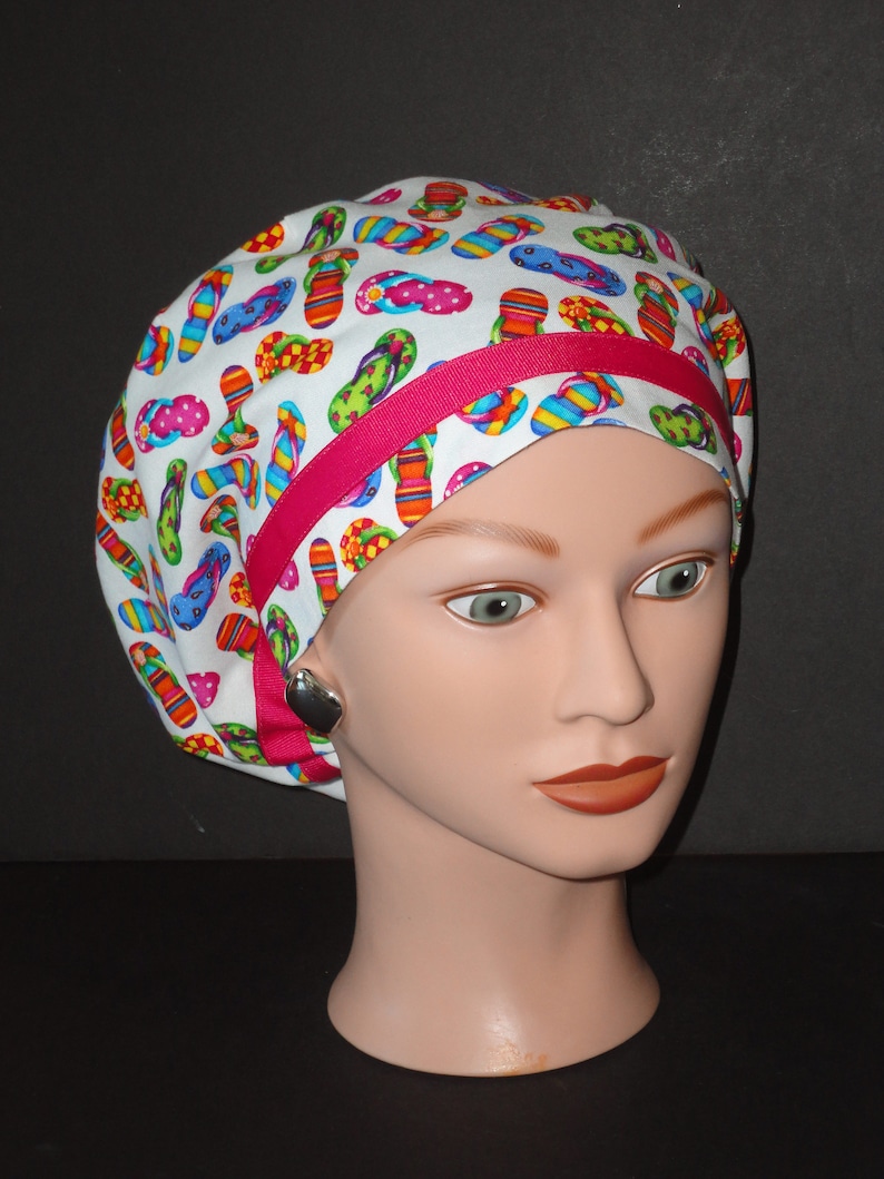 Ribbon Trimmed European Scrub Cap...Flip Flops White wPink Ribbon...Surgical CapOR Scrub CapChemoFood ServiceDentist