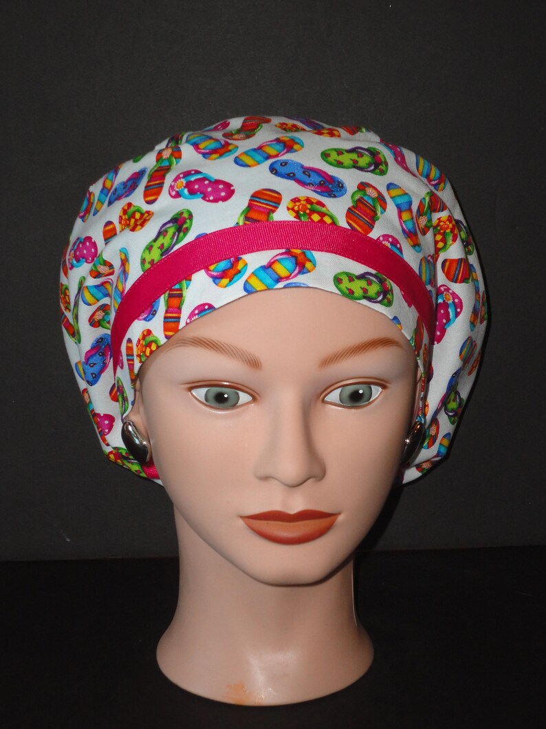Ribbon Trimmed European Scrub Cap...Flip Flops White wPink Ribbon...Surgical CapOR Scrub CapChemoFood ServiceDentist