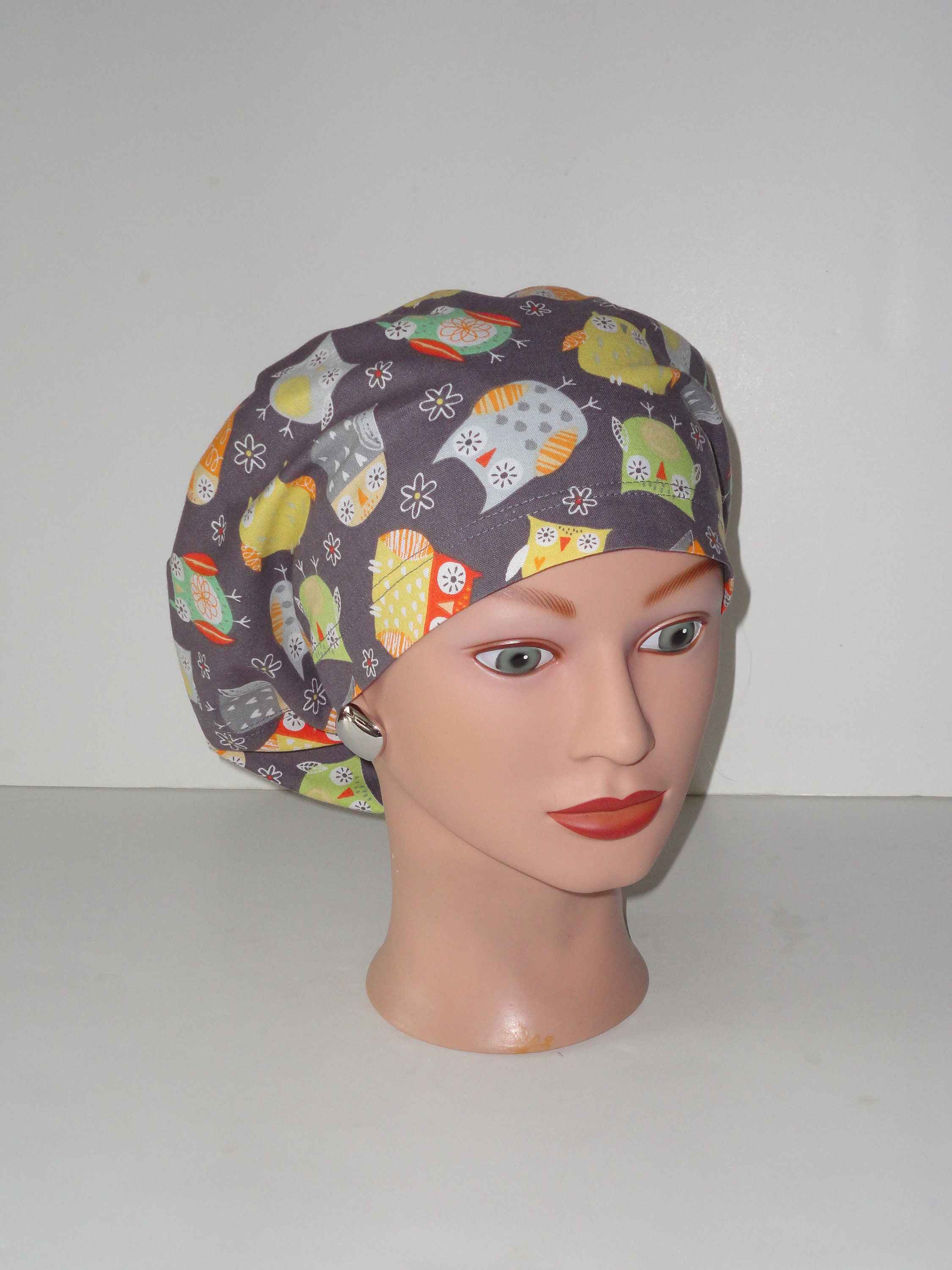European Scrub Cap...Owls on Gray...Surgical Scrub Cap/OR Scrub Cap/Scrub Hat/Veterinarian's Cap