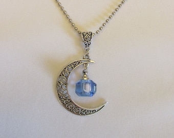 Cremation Urn Necklace with Mini Crystal Vial and Crescent Moon Pendant